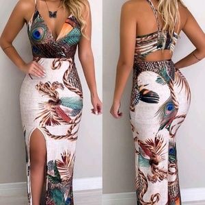 Peacock Feather Print Thigh Slit Slip Dress